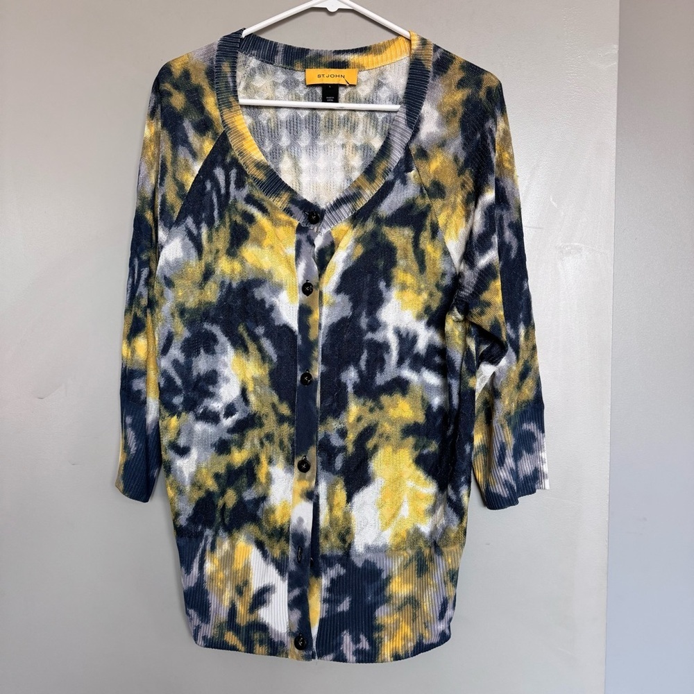 St. John Tie Dye Cardigan in Blue Yellow Large